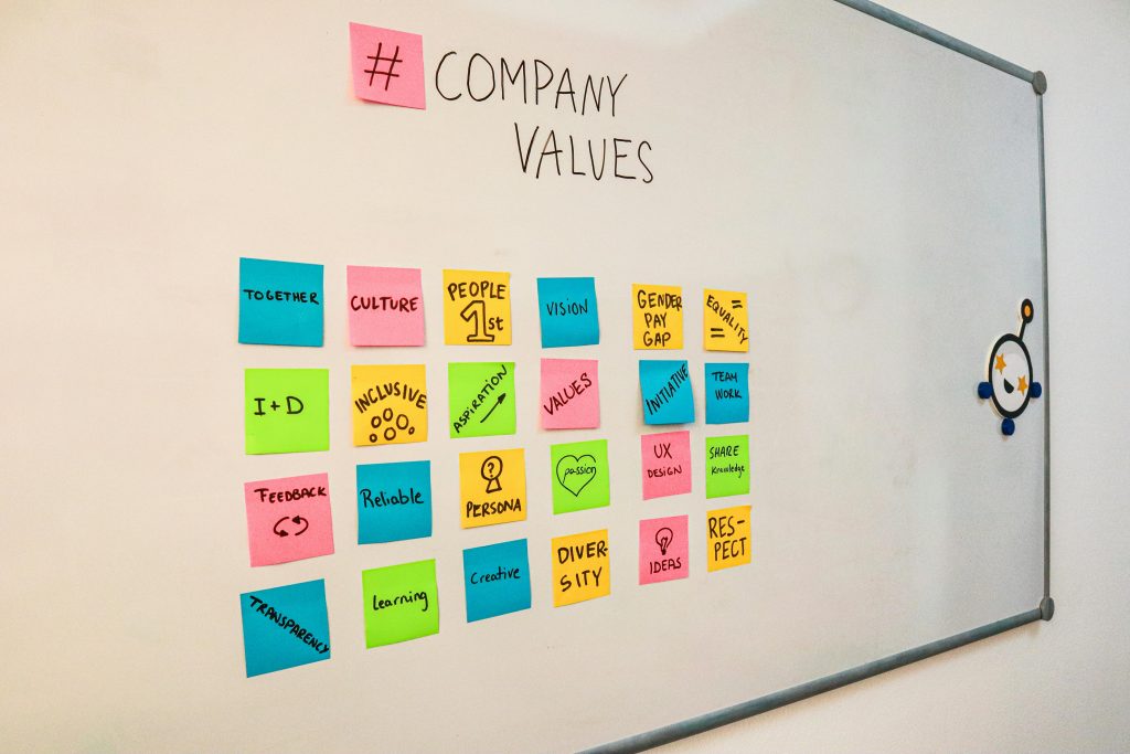 A whiteboard featuring colorful sticky notes outlining company values and teamwork principles.